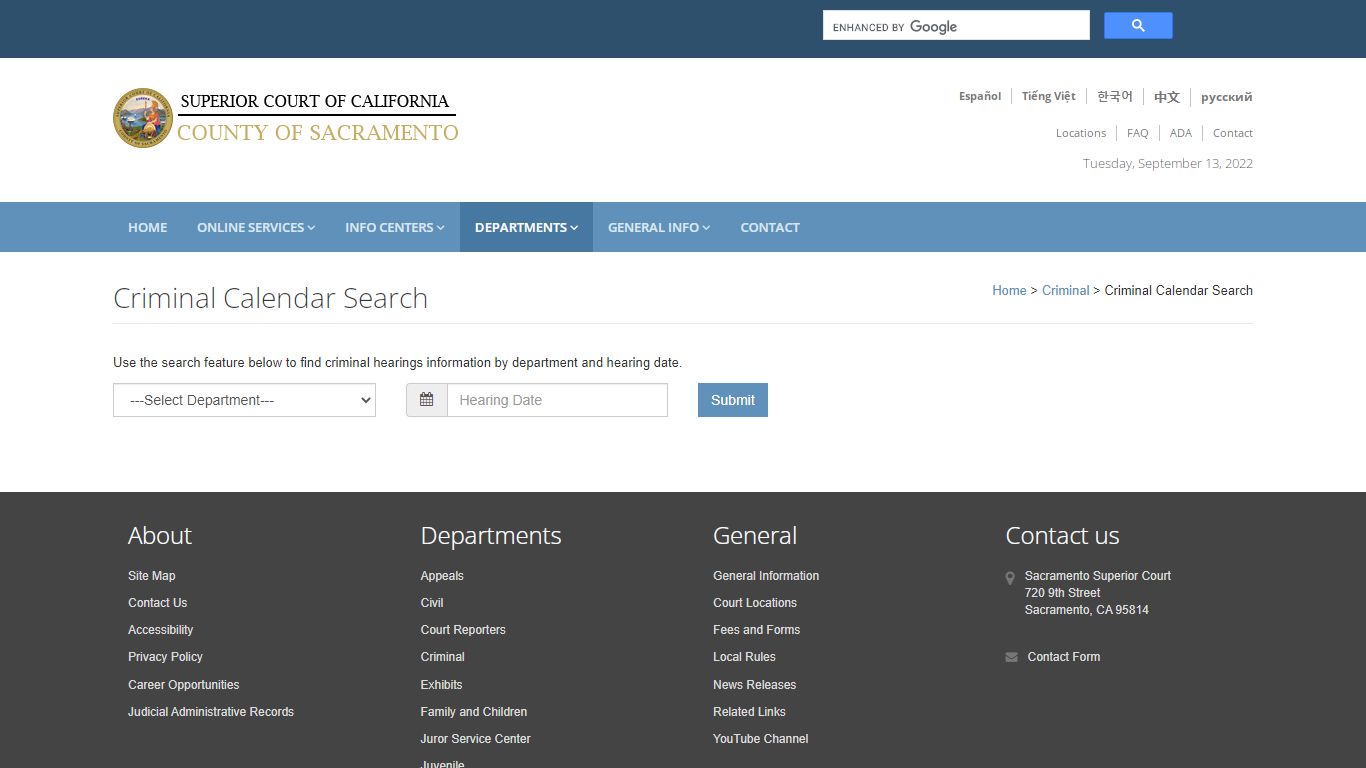 Criminal Calendar Search: Sacramento Superior Court - California